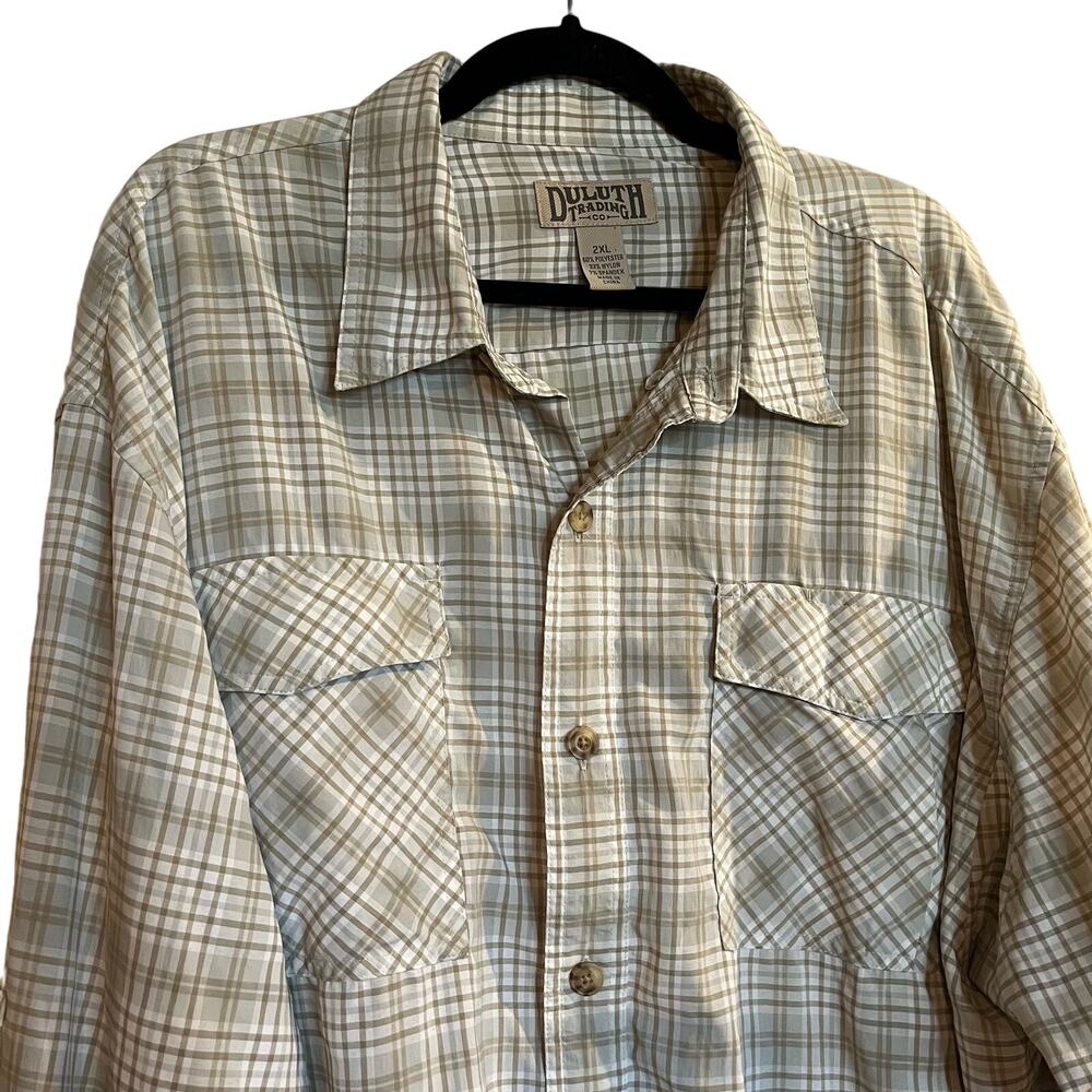 Mens Duluth Trading Co Shirt Long Sleeve Button Down Plaid Light Green Tan 2XL - Picture 3 of 4